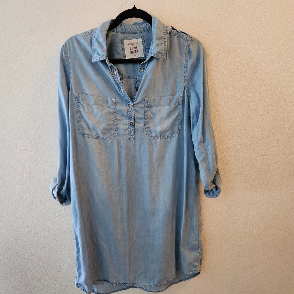 SO  Chambray Blue Tunic Relaxed Shirt‎ Dress Large 100% Lyocell Soft